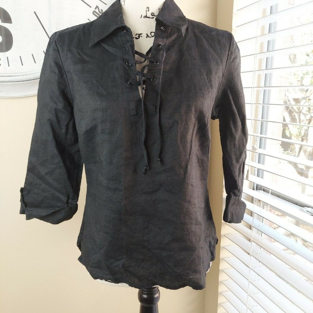 Allison Taylor Womens size Small Black Top Linen 3/4 Sleeve 100% linen EUC - Picture 1 of 8
